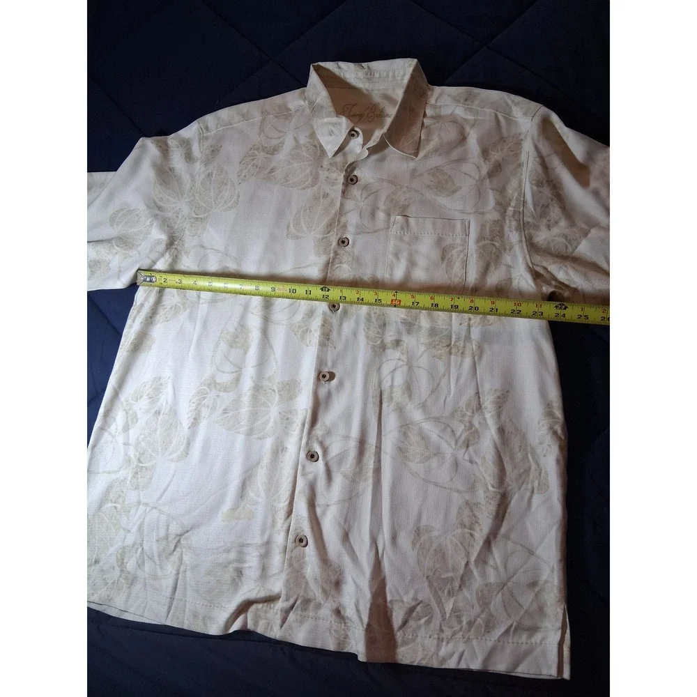 Tommy Bahama Mens XL Silk Short Sleeve Button Down Camp Shirt Beige Leaf Print